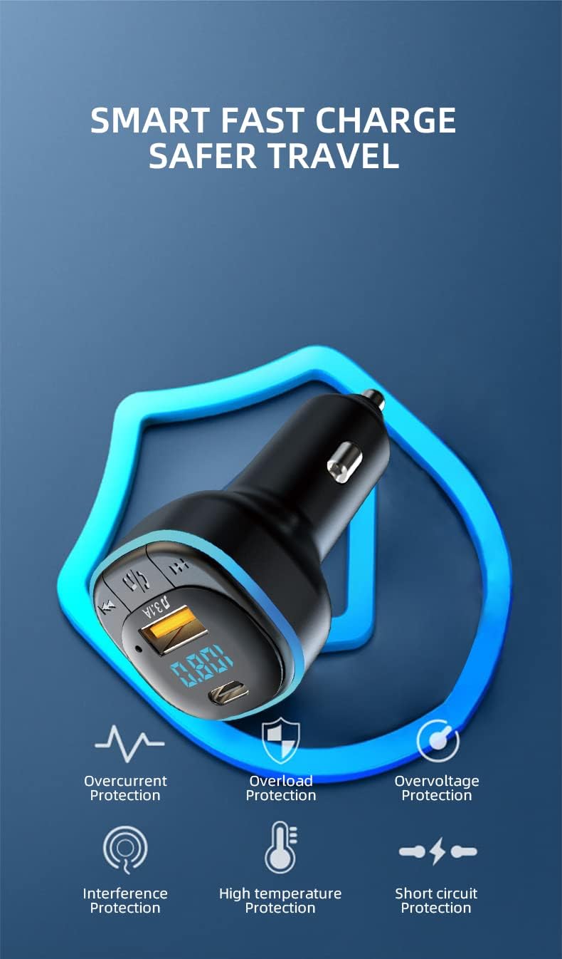 OHITEC Bluetooth 5.0 FM Transmitter for Car, Hands Free Calling, Built-in Over-Current Protection, 5V/3.1A Quick Charger & Blue Colors LED Backlit Car Radio Bluetooth Adapter, Support USB Disk - Image 4